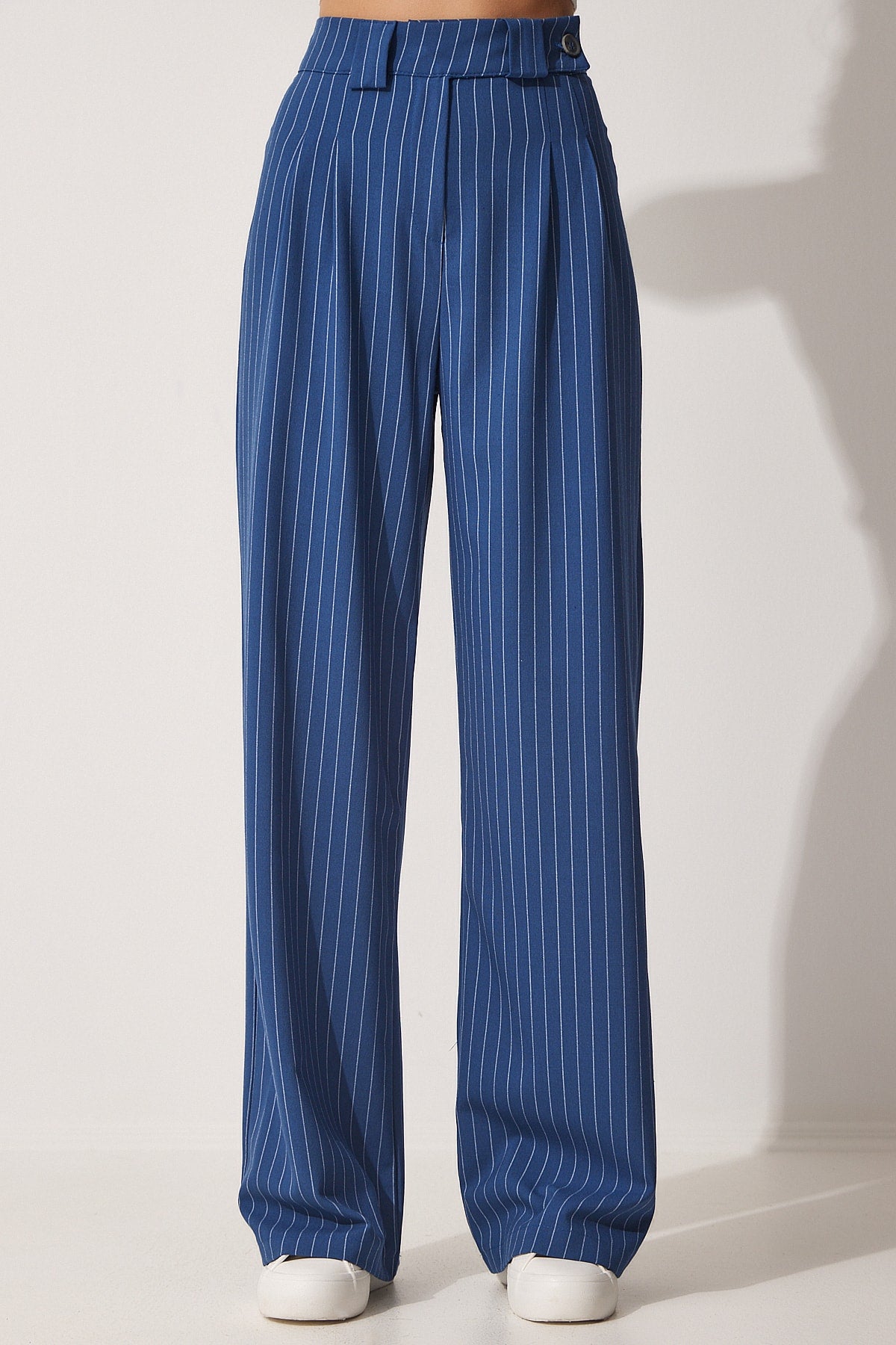 Torino Pinstripe Wide-Leg Trousers in Navy Pinstripe | Life Amalfi