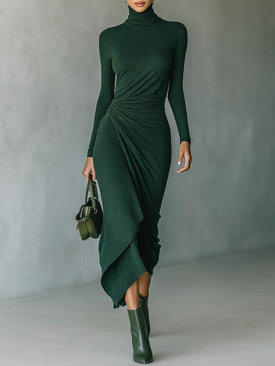 Positano Ruched High-Neck Midi Dress in Dark Green | Life Amalfi
