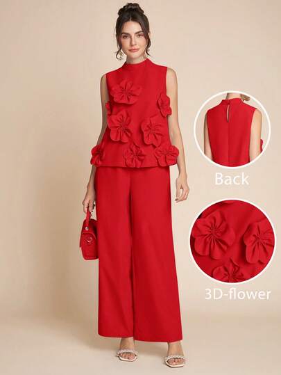 Bellagio Floral-Appliqué Top & Wide-Leg Set