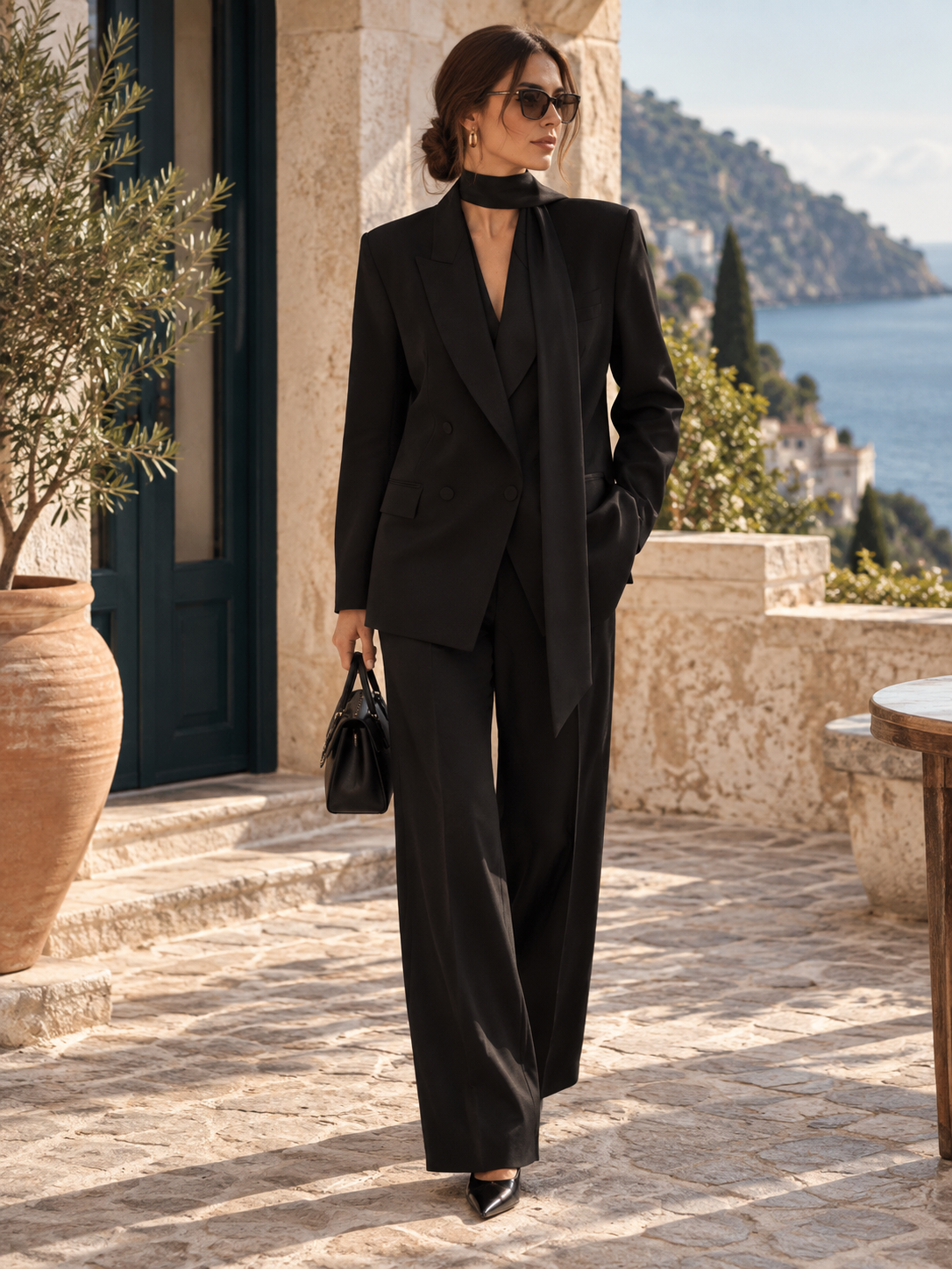 Verona Scarf-Collar Blazer & Wide-Leg Set