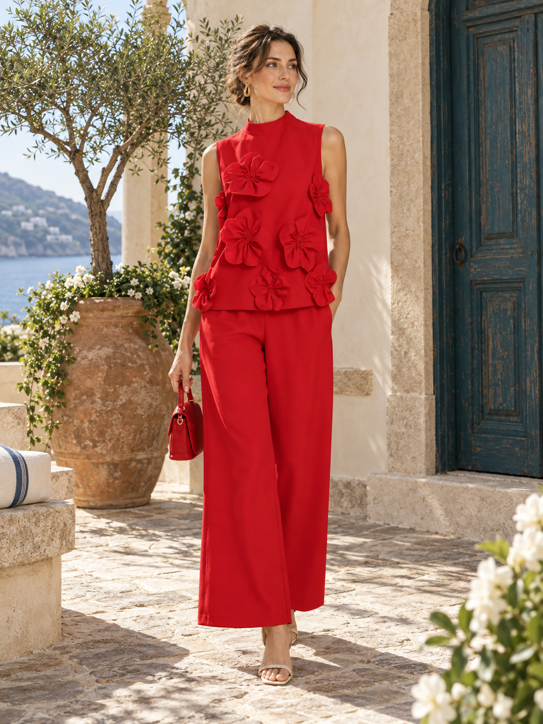 Bellagio Floral-Appliqué Top & Wide-Leg Set
