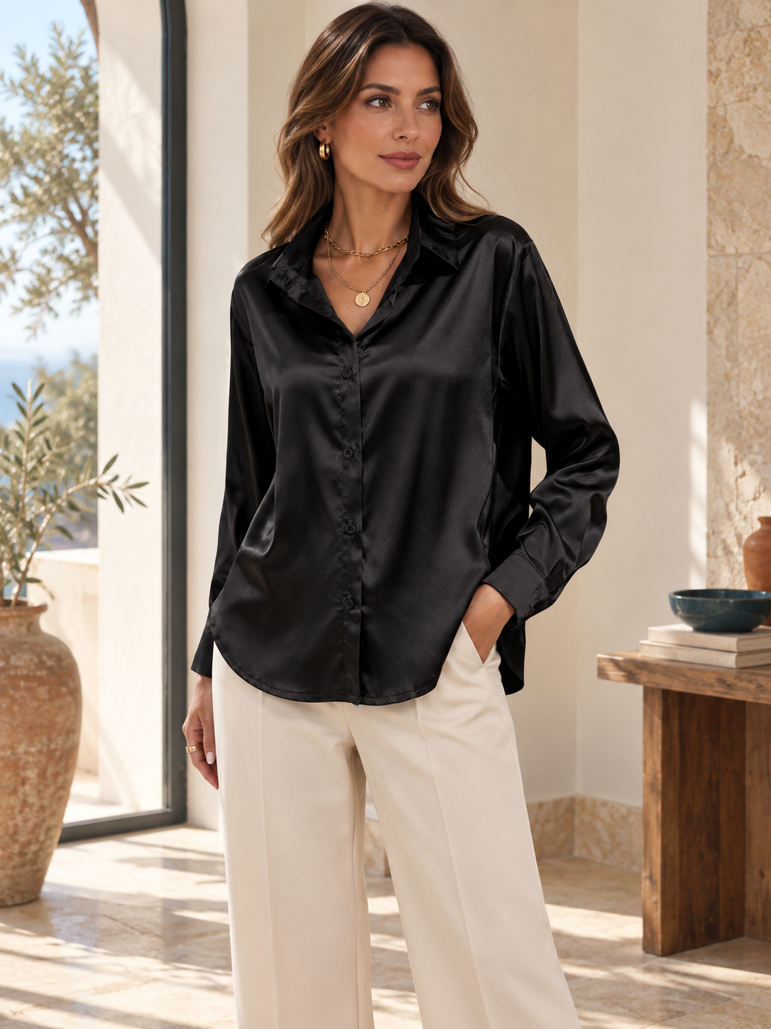Roma Satin-Texture Relaxed Blouse