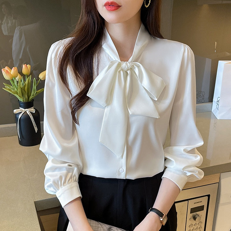 Firenze Bow-Neck Satin-Finish Blouse in Ivory | Life Amalfi
